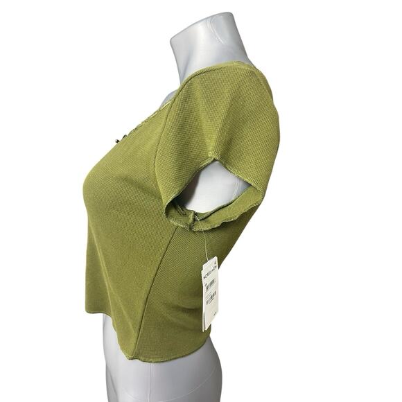 BP Babydoll Top Large Y2K Coquette Dark Olive Raw Hem Cropped Round Neck New - Picture 5 of 9